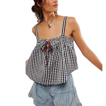 Women Y2k Plaid Tank Top Cute Gingham Tie Front Sleeveless
